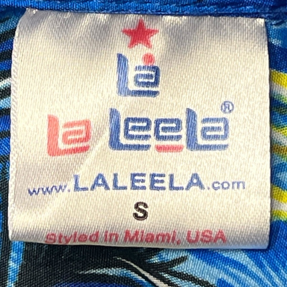 La Leela Shirt Small Blue Multicolor Hawaiian Palm Tree Miami Tropical Aloha - Picture 8 of 10